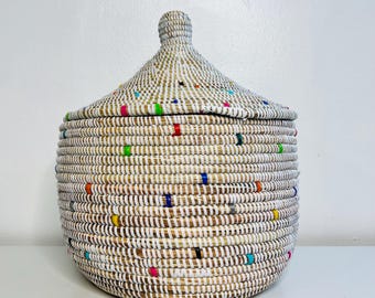 Senegal African Basket with Lid, Colorful Woven Storage Basket