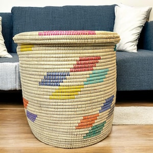 African laundry basket with lid, extra large woven hamper, flat lid basket, laundry storage, large wicker hamper 20 inches