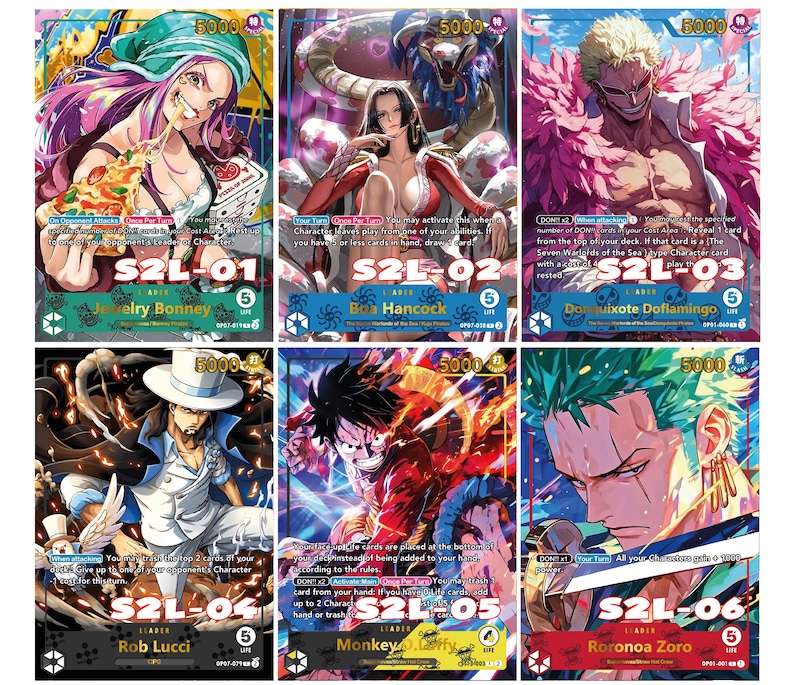 Pode incluir: Seis cartas colecion&aacute;veis com personagens do anime One Piece. Cada carta apresenta um personagem diferente com seu nome e uma ilustra&ccedil;&atilde;o &uacute;nica. As cartas s&atilde;o numeradas de S2L-01 a S2L-06.
