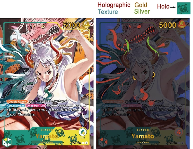Pode incluir: Um cart&atilde;o de troca com um personagem do anime One Piece. O personagem &eacute; Yamato, um poderoso guerreiro com chifres e uma express&atilde;o feroz. O cart&atilde;o &eacute; hologr&aacute;fico e tem uma textura dourada e prateada. O texto do cart&atilde;o diz "L&iacute;der Yamato Terra de Wano".