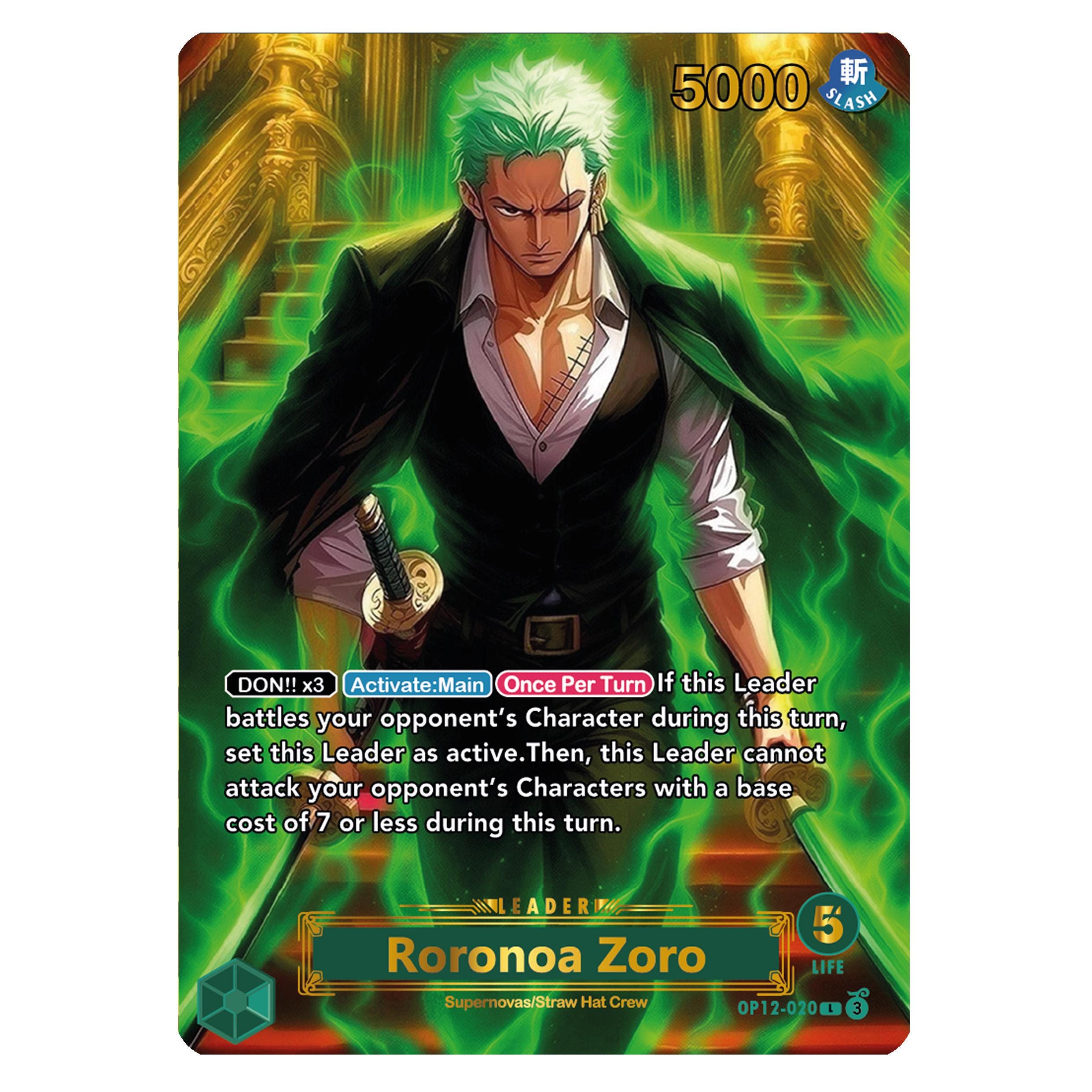 Roronoa Zoro OP12 – Leader Card – Custom One Piece Proxy – Gold