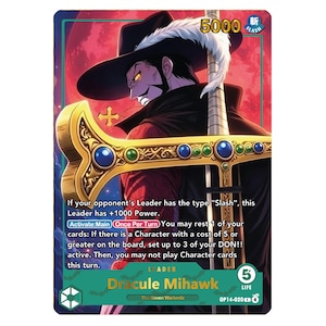 May include: A trading card featuring Dracule Mihawk from The Seven Warlords. The card has a teal border and a red background with an illustration of Mihawk in a black hat and cape, holding a large sword. The card text includes "Slash" and "5000".