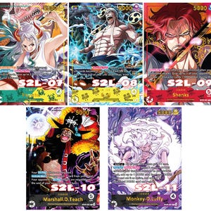 Pode incluir: Cinco cartas de cole&ccedil;&atilde;o coloridas com personagens do popular anime One Piece. Cada carta tem um design &uacute;nico e apresenta o nome do personagem e seu n&iacute;vel de poder. As cartas s&atilde;o numeradas de S2L-07 a S2L-11.