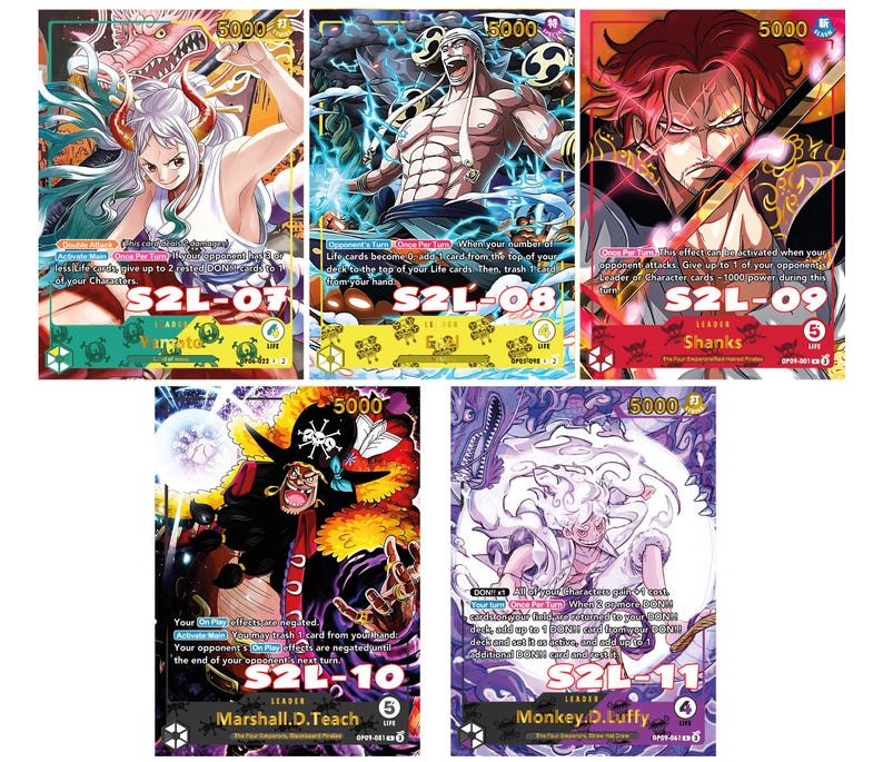 Pode incluir: Cinco cartas de cole&ccedil;&atilde;o coloridas com personagens do popular anime One Piece. Cada carta tem um design &uacute;nico e apresenta o nome do personagem e seu n&iacute;vel de poder. As cartas s&atilde;o numeradas de S2L-07 a S2L-11.