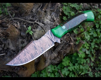 Grabado de cobre con patrón de fuego de acero de Damasco hecho a mano, cuchillo de camping con funda de cuero, regalo para amantes de los cuchillos, herramienta Bushcraft, herramienta de supervivencia