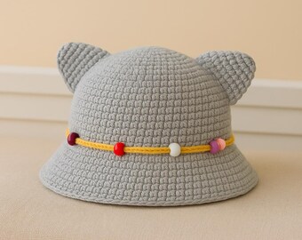 Crochet Fisherman Hat Pattern with Cat Ears | Cotton or Raffia | Easy Tutorial with Beads | Summer Kids Hat | PDF Download