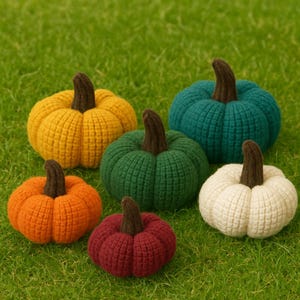 Può includere: Sei zucche fatte a mano, lavorate a maglia, in vari colori: giallo, arancione, verde, verde acqua, bordeaux e bianco. Ogni zucca ha un gambo marrone e sono disposte su erba verde. Decorazioni autunnali.