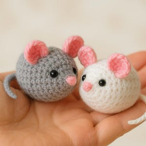 Può includere: Due topi all'uncinetto, uno grigio e uno bianco, con orecchie e nasi rosa e occhi neri. I topi sono piccoli, rotondi e hanno lunghe code. I giocattoli sono fatti a mano e sembrano morbidi. I topi sono tenuti in una mano.