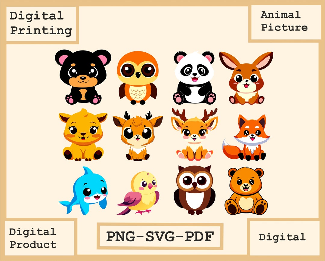Cute Animal Bundle Svg Png Pdf, Kawaii Baby Animal , Baby Animal Png ...