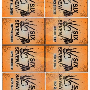 May include: Halloween-themed cards with an orange background, spiderwebs, and skeleton hands. The cards feature the words "SIX" and "SEVEN", along with "HAPPY HALLOWEEN!" and "TRICK OR TREAT!" in a spooky font.
