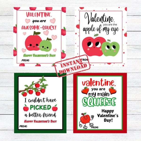 Apple Valentine’s Day Cards/ Applesauce Valentines/ Digital Download/ Printable/ Awesome-Sauce!, Apple of my eye, Classroom Valentines