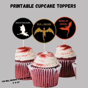 K&ouml;nnte beinhalten: Drei bedruckbare Cupcake-Topper mit schwarzen und goldenen Drachen-Silhouetten mit dem Text "Brave the Dark", "Fly... or Die" und "Burn. It. Down."