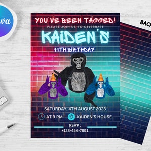 Invitación de cumpleaños de Gorilla Tag / Descarga digital editable / Etiqueta de gorila VR / fiesta de cumpleaños de videojuegos
