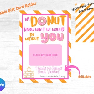 Porta carte regalo stampabile per insegnanti/ Porta carte regalo ispirato alla ciambella/modificabile e stampabile/settimana di apprezzamento dell'insegnante/regalo per l'insegnante