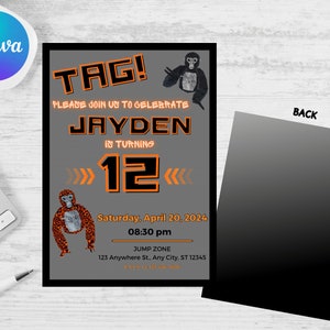 Gorilla Tag Birthday Invitation Black and Orange Lava Monkey/ Editable digital dowload/ VR gorilla tag/ video game birthday party