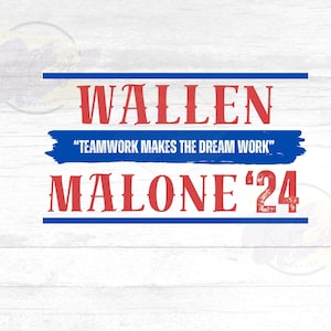 Może przedstawiać: Czerwono-niebieski plakat kampanii politycznej z tekstem "Wallen Malone '24" i hasłem "Praca zespołowa sprawia, że ​​marzenie się spełnia."