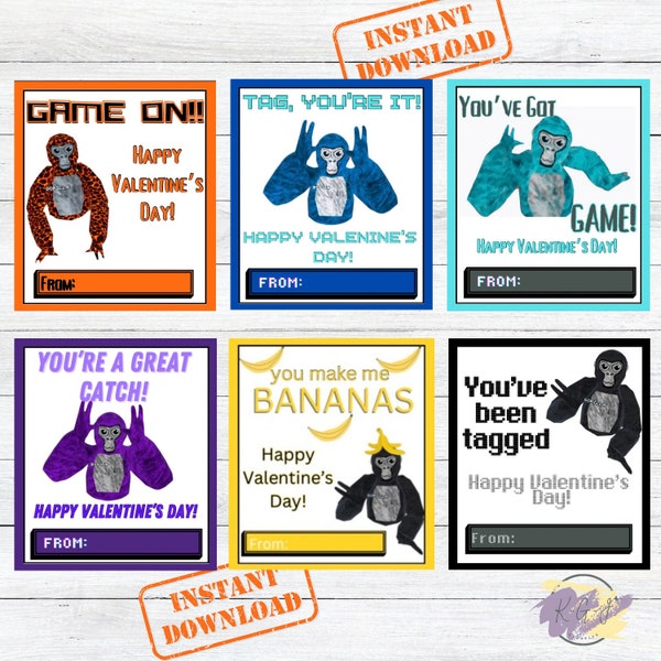 Gorilla Tag Valentine Cards/ instant digital download/ printable/ Classroom Valentine Cards/ Video Game cards/ VR Gorilla Tag