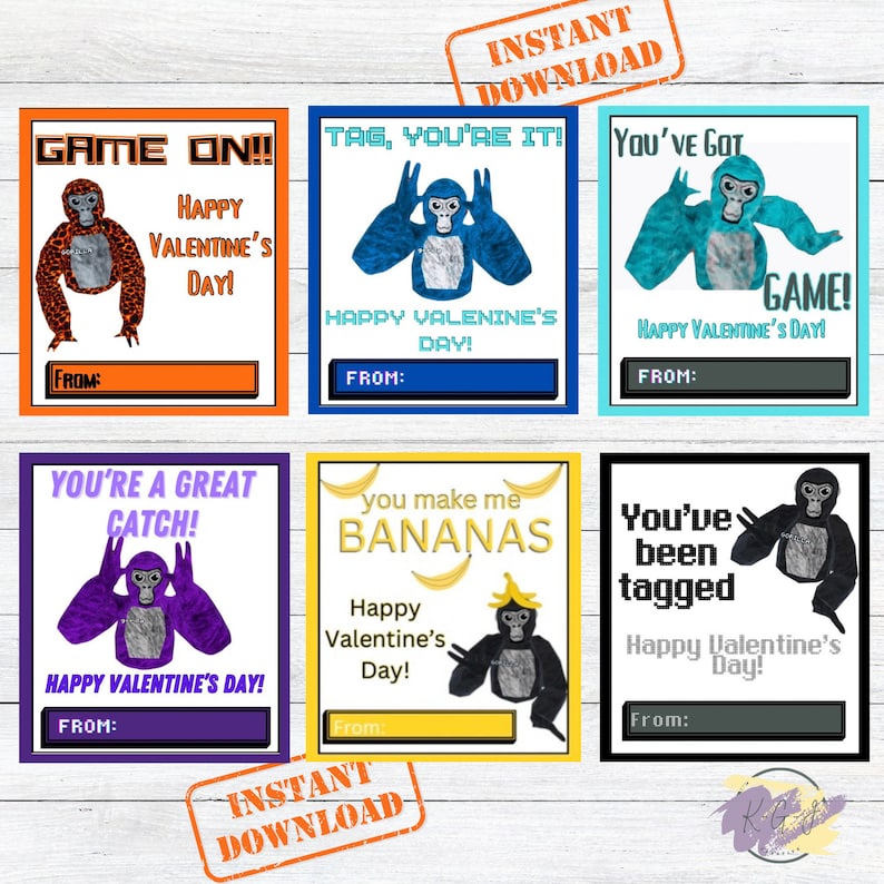Puede incluir: Seis tarjetas de San Valent&iacute;n imprimibles con un mono de dibujos animados en diferentes poses y colores. Las tarjetas tienen un tema de juego e incluyen frases como "Game On!" y "You've Been Tagged!"