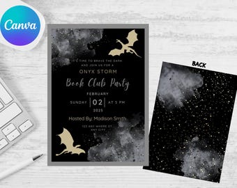 May include: Black and gold book club party invitation with a dragon silhouette and a starry night background. The text reads "It's time to brave the dark and join us for a Onyx Storm Book Club Party, February 02 at 5 PM 2025, Hosted By: Madison Smith, 123 Any Where St., Any City."