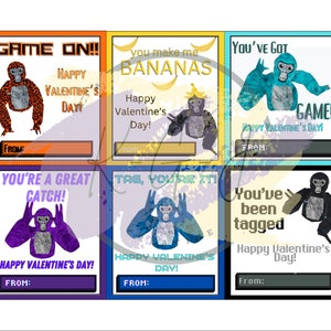 Puede incluir: Seis tarjetas de San Valent&iacute;n imprimibles con un gorila de dibujos animados con diferentes mensajes. Las tarjetas son de varios colores y tienen un tema de videojuego retro. Los mensajes incluyen "Game On!", "You Make Me Bananas", "You've Got Game", "You're A Great Catch", "Tag, You're It!" y "You've Been Tagged".