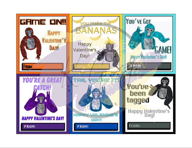 Puede incluir: Seis tarjetas de San Valent&iacute;n imprimibles con un gorila de dibujos animados con diferentes mensajes. Las tarjetas son de varios colores y tienen un tema de videojuego retro. Los mensajes incluyen "Game On!", "You Make Me Bananas", "You've Got Game", "You're A Great Catch", "Tag, You're It!" y "You've Been Tagged".