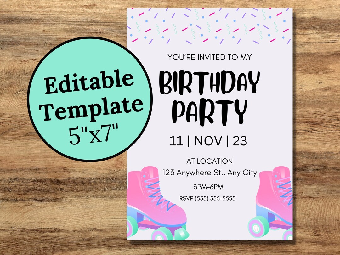 EDITABLE, Roller Skate, Rollerblade Birthday Invitation Template ...