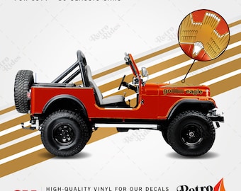 May include: A red Jeep CJ-7 with a black roll cage and black wheels. The hood of the Jeep has a gold decal that says "golden eagle".