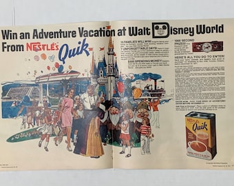 1971年、ネスレのクイックがウォルト・ディズニー・ワールドの休暇コンテストのためにウィークエンド誌に掲載した広告。
