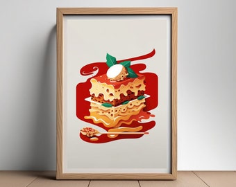 Lasagna Food Poster, Lasagna Food Print,Lasagna Wall Art,Lasagna Painting,Lasagna Illustration,Italian Cuisine,Restaurant,Italy Cafe Poster