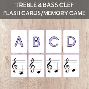 Afdrukbare muziekflitskaarten, muzieknootspel, solsleutel, bassleutel, muziekkaartspel, muziektheorie