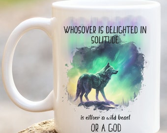 Wolf Ceramic Mug,  Northern Lights Wolf Design with Inspirational Quote, gift for wolf lover,  inspirational wildlife mug,