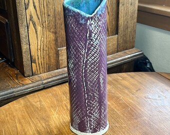 Studio Pottery Wrapped Textured Cylinder Vase Purple & Turquoise Signed. No chips, cracks, or repairs.