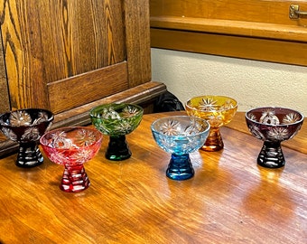 Vintage 6 Multicolor Bleikristall Cut To Clear Glass Sherbet Glasses. No chips, cracks, or repairs.