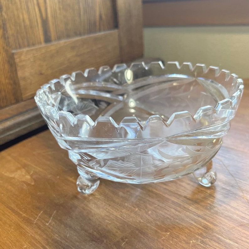 Antique Crystal Candy Dish Bowl Saw Tooth Edge Footed Grape Design No chips, cracks, or repairs. Light scratches from age and usage. image 2