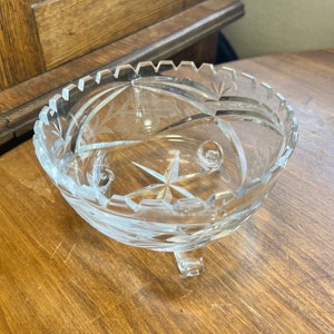 Antique Crystal Candy Dish Bowl Saw Tooth Edge Footed Grape Design No chips, cracks, or repairs. Light scratches from age and usage. image 1