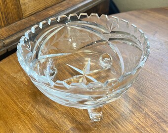 Antique Crystal Candy Dish Bowl Saw Tooth Edge Footed Grape Design  No chips, cracks, or repairs. Light scratches from age and usage.