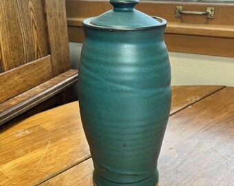 Teal Green Art Studio Pottery Stoneware Canister Jar Signed 10” high 4” wide. Excellent condition, no damages.