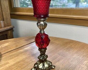 Hollywood Regency Faceted Red Lucite & Gold Candle Holder