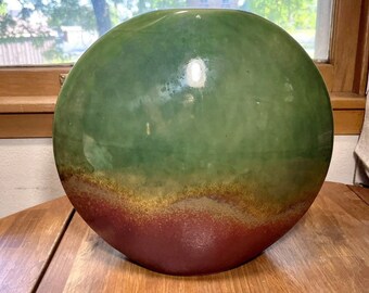 Large Vintage MCM Green Glaze And Red Burgundy Textured Pottery Vase. No chips, cracks, or repairs.