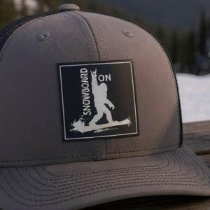 Bigfoot Snowboarding Hat – Funny Sasquatch Rock On Patch – Richardson 112 Dad Hat - Funny Trucker Hat for Men