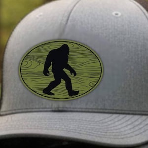 Bigfoot Laser Patch Hat – Richardson Snapback with Wood Background, Sasquatch Gift for Believers, Cryptid Trucker Cap, wood grain hat