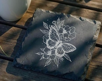 Laser Engraved Butterfly Floral Slate Coasters – Mother’s Day Gift for Mom, Grandma, Butterfly Decor, Unique Gift for Women