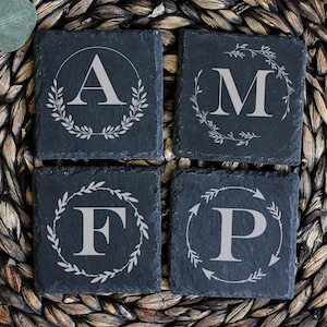 Set of Slate Drink Coasters, Engraved Coasters, Custom Wedding Gift, Personalized Housewarming Gift Set, Monogram Slate Coasters