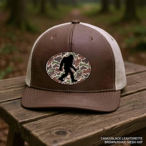 Bigfoot Laser Patch Hat – Richardson Snapback with Wood Background, Sasquatch Gift for Believers, Cryptid Trucker Cap, wood grain hat
