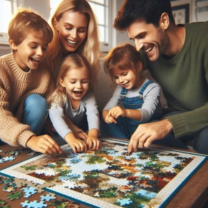 May include: A family of four works together to complete a large jigsaw puzzle. The puzzle is laid out on a table and features a colorful landscape scene. The family is smiling and appears to be enjoying their time together.