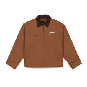 May include: A brown work jacket featuring a dark brown corduroy collar, a full-length front zip, and long sleeves with buttoned cuffs. The chest displays the white text HDWK, and the jacket includes a zipped chest pocket and two side pockets.