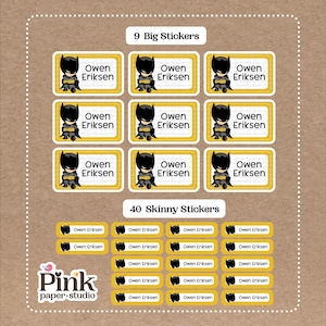 Cute Super Hero Stickers - 9 Big School Name Stickers - 40 Skinny Stickers