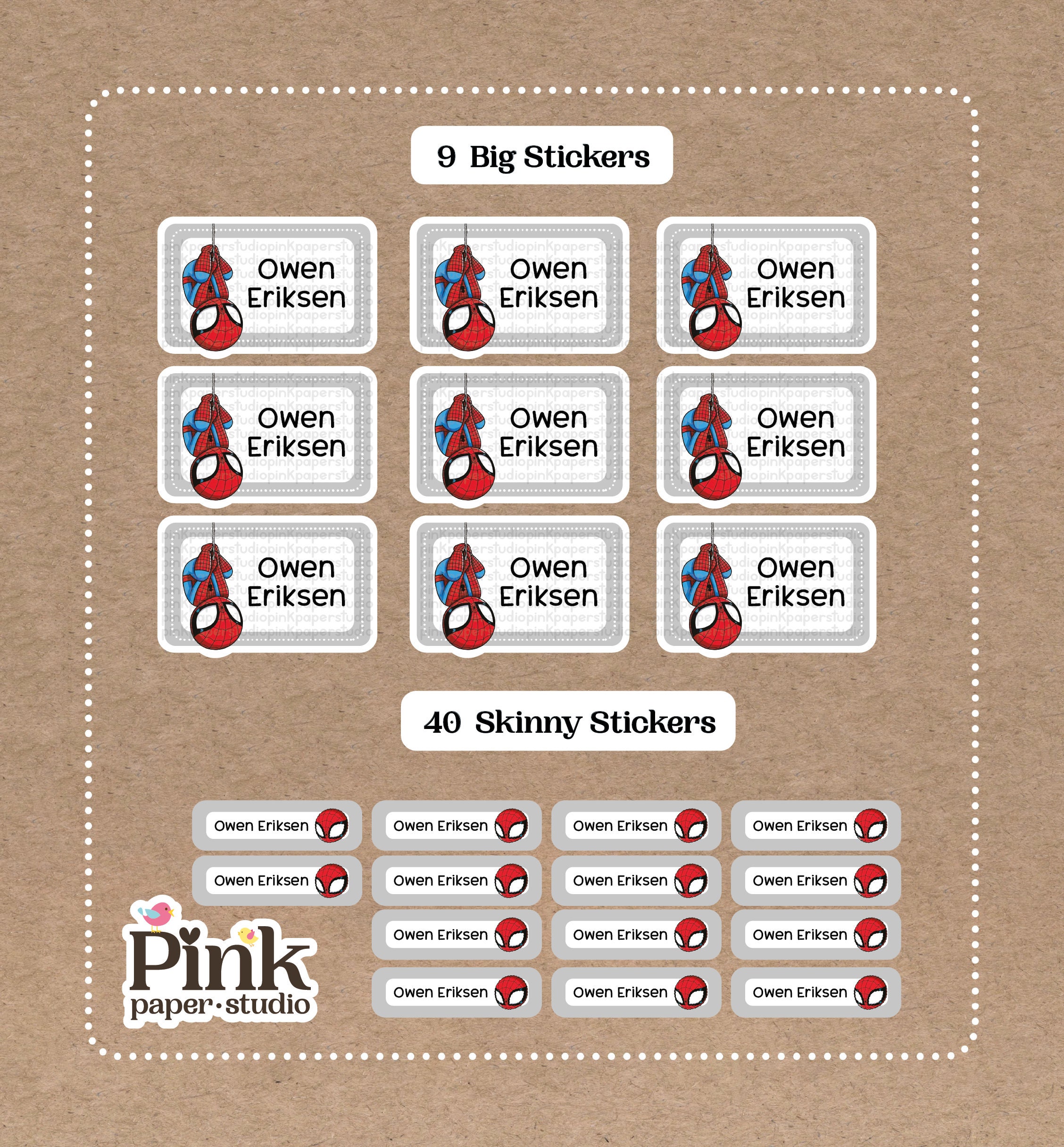 Super Hero School Name Stickers • Set of 9 Big and 40 Skinny