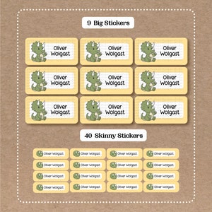 Dinosaur Stickers - 9 Big School Name Stickers - 40 Skinny Stickers