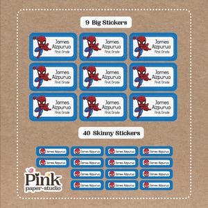 Cute Super Hero Stickers - 9 Big School Name Stickers - 40 Skinny Stickers